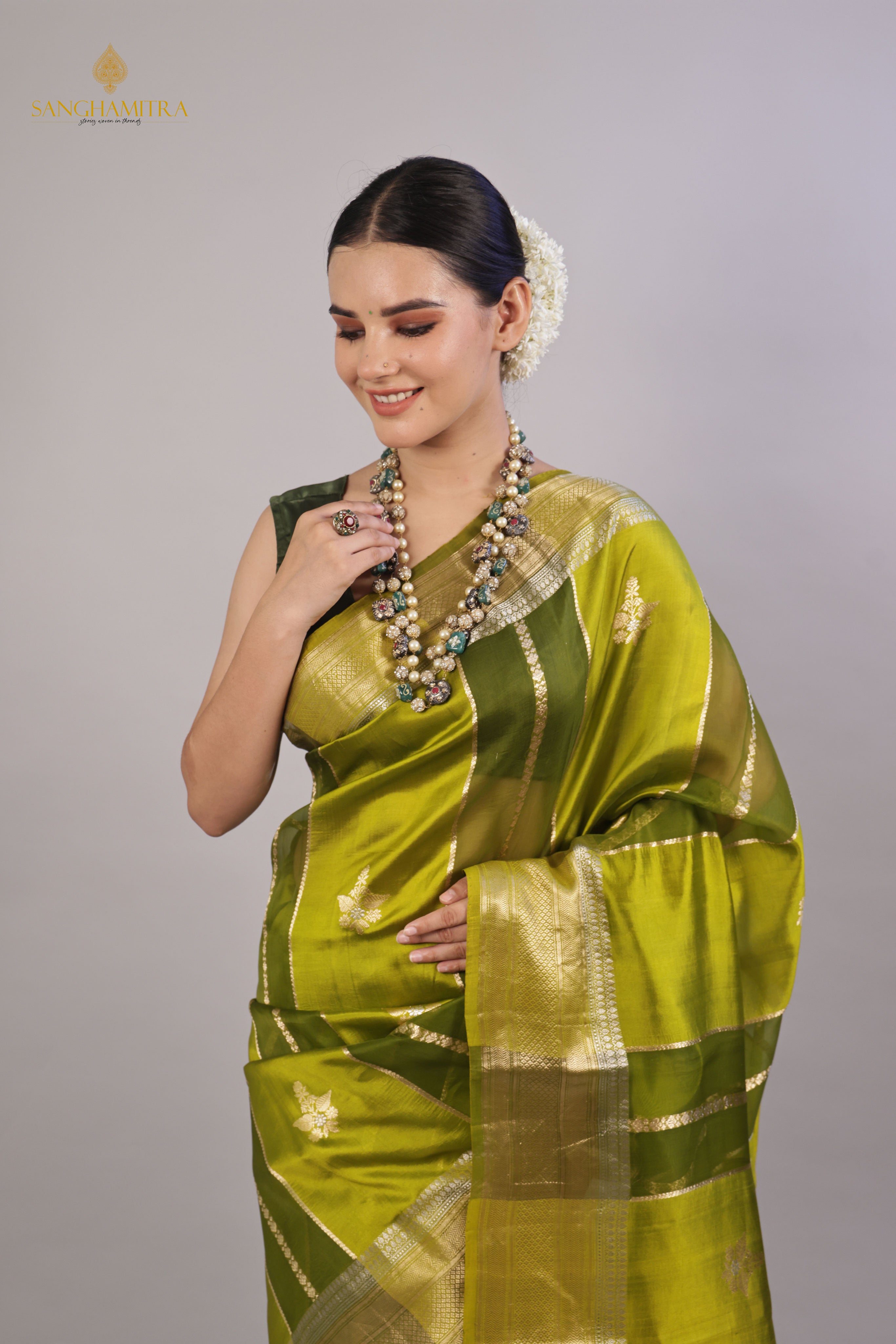 Green Pure Kora Silk Handloom Banarasi Saree