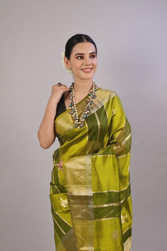 Green Pure Kora Silk Handloom Banarasi Saree