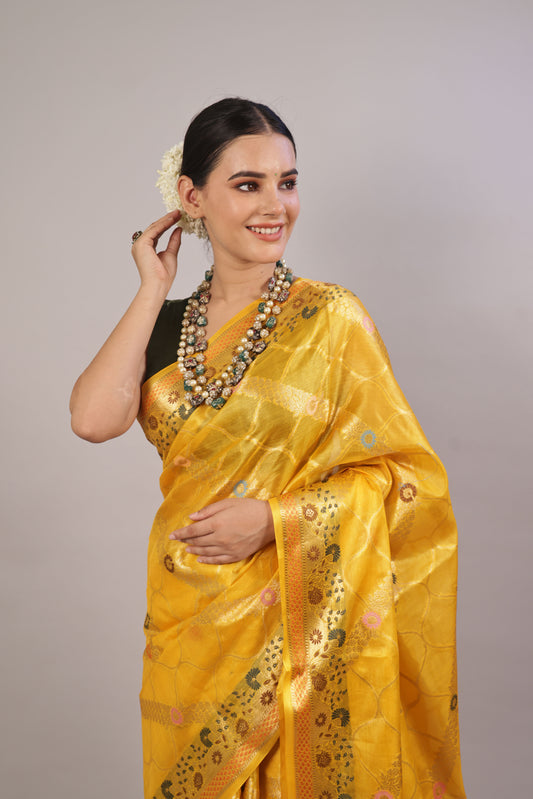 Sunshine Elegance: Mustard Yellow Tusser Silk Saree - Luxurious Drape