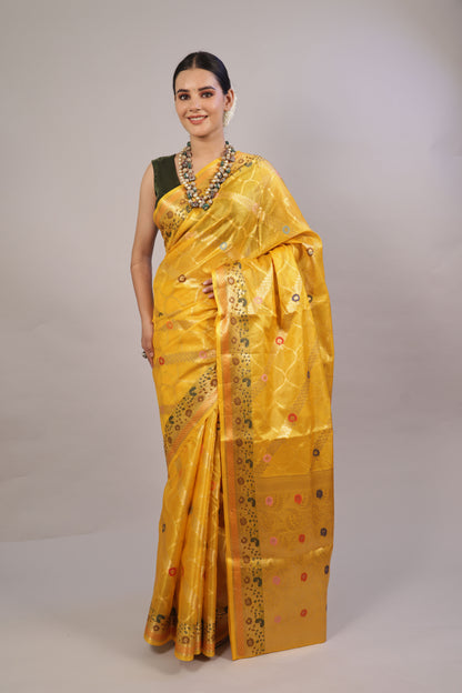 Sunshine Elegance: Mustard Yellow Tusser Silk Saree - Luxurious Drape