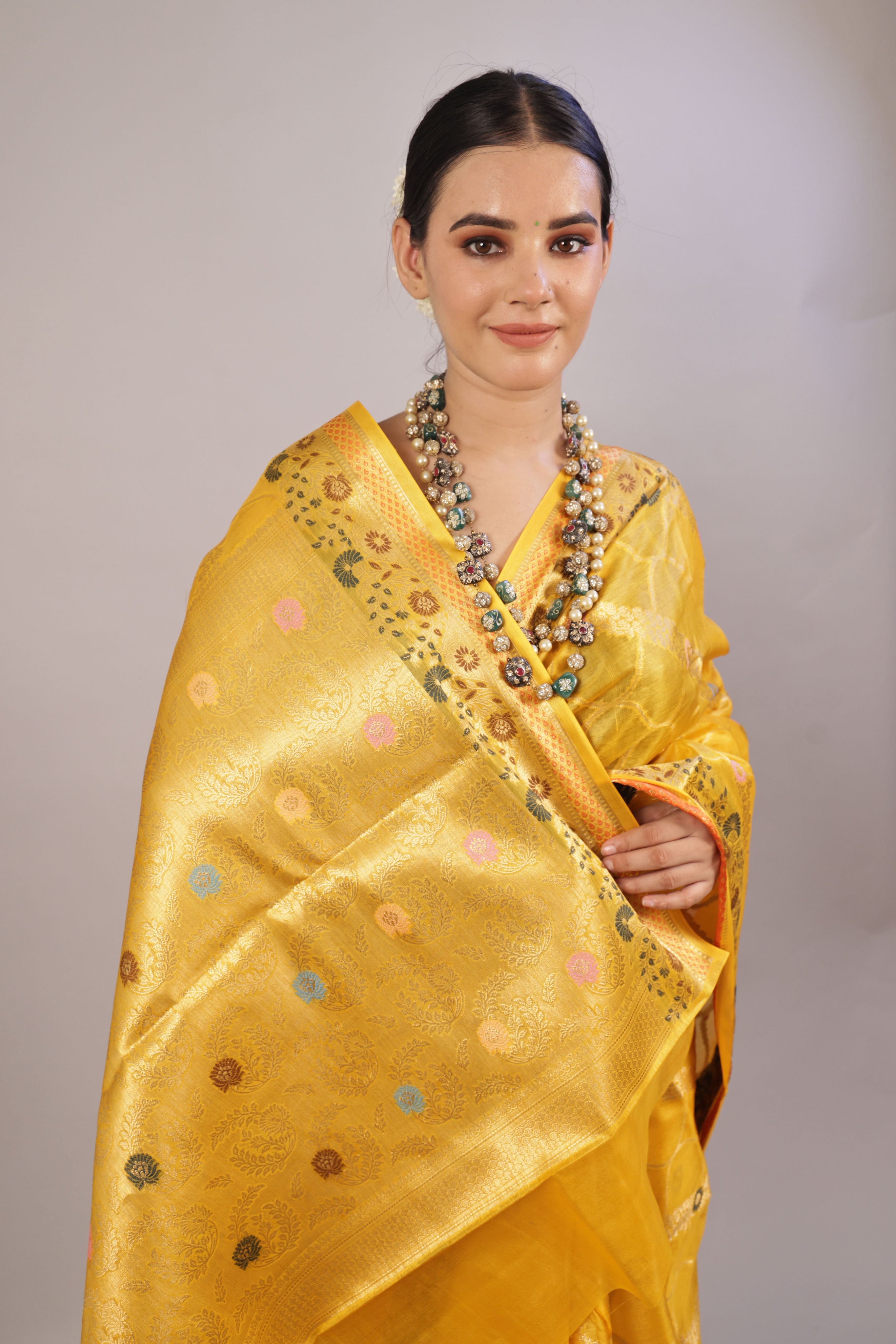 Sunshine Elegance: Mustard Yellow Tusser Silk Saree - Luxurious Drape