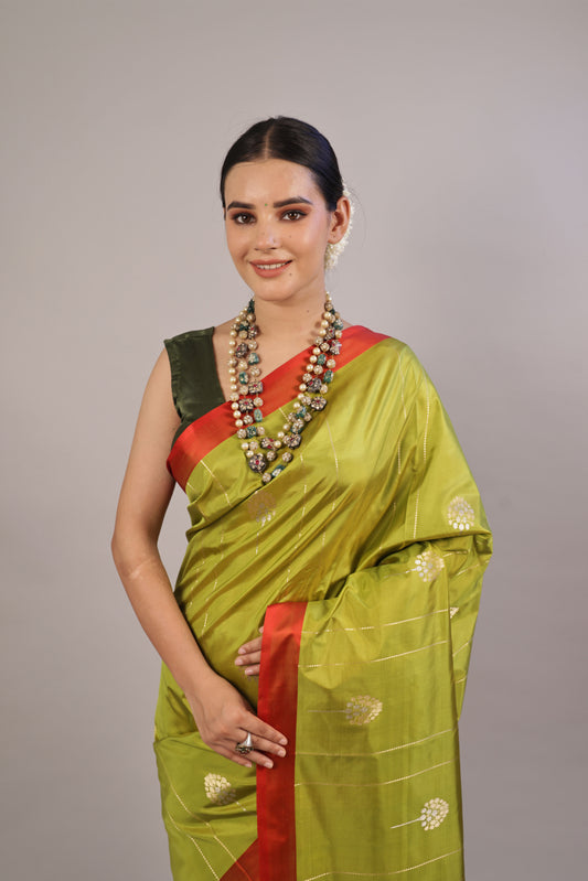 Luxurious Liril Green Katan Silk Handloom Saree: Timeless Elegance