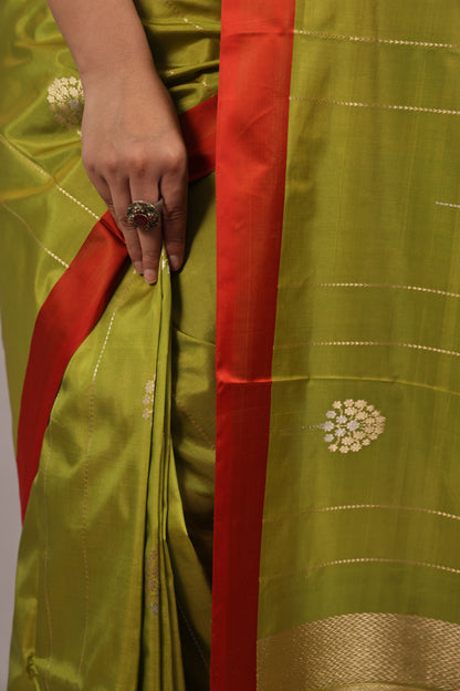 Luxurious Liril Green Katan Silk Handloom Saree: Timeless Elegance