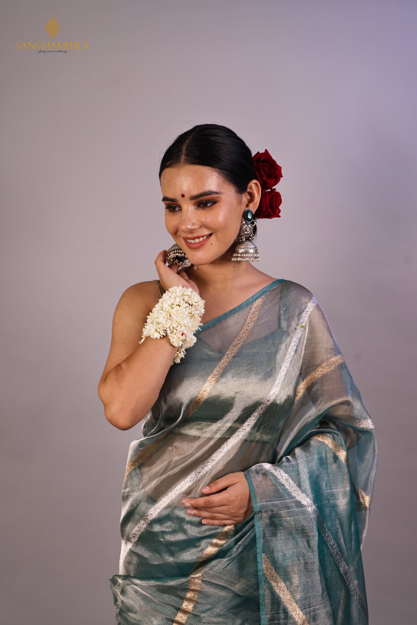 Sea Blue Pure Tissue Silk Banarasi Saree