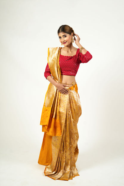 Yellow Gold Pure Katan Silk Banarasi Saree