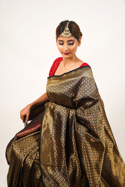 Black Pure Katan Silk Banarasi Silk