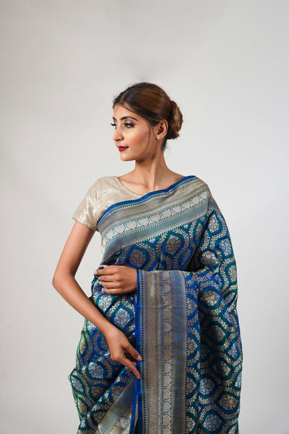 Turquoise Blue Pure Katan Silk Banarasi Saree