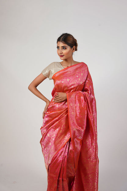 Pinkish orange Pure Katan Banarasi Silk Saree