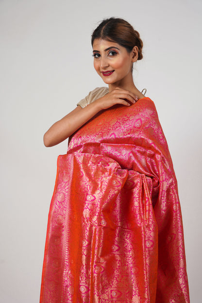 Pinkish orange Pure Katan Banarasi Silk Saree