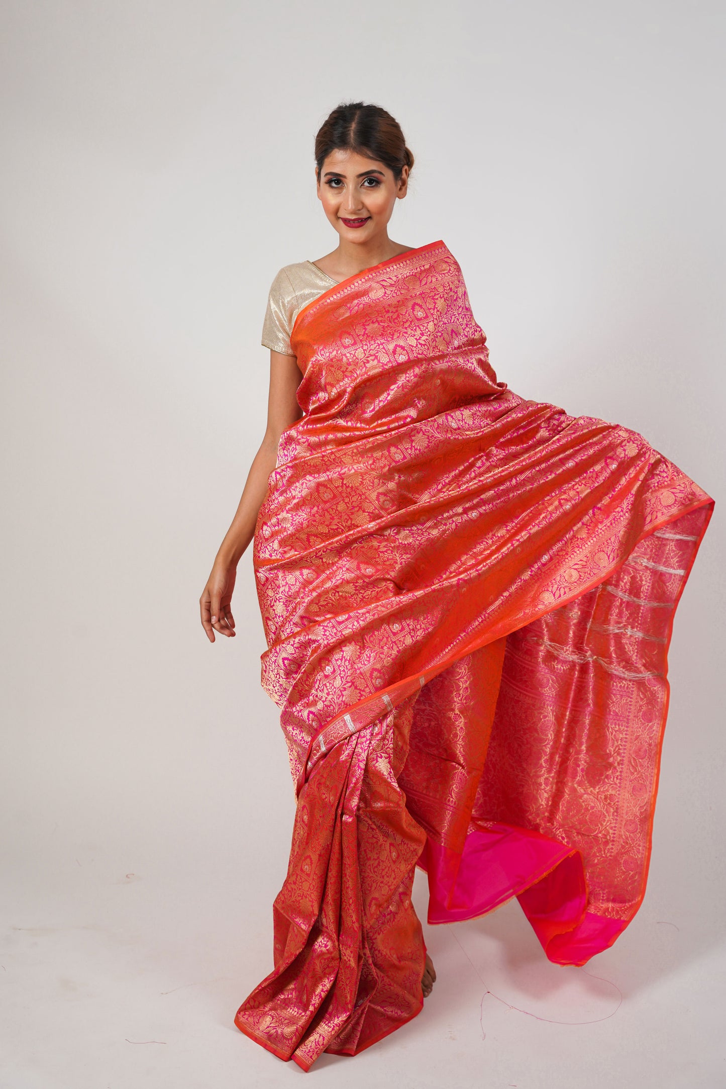 Pinkish orange Pure Katan Banarasi Silk Saree