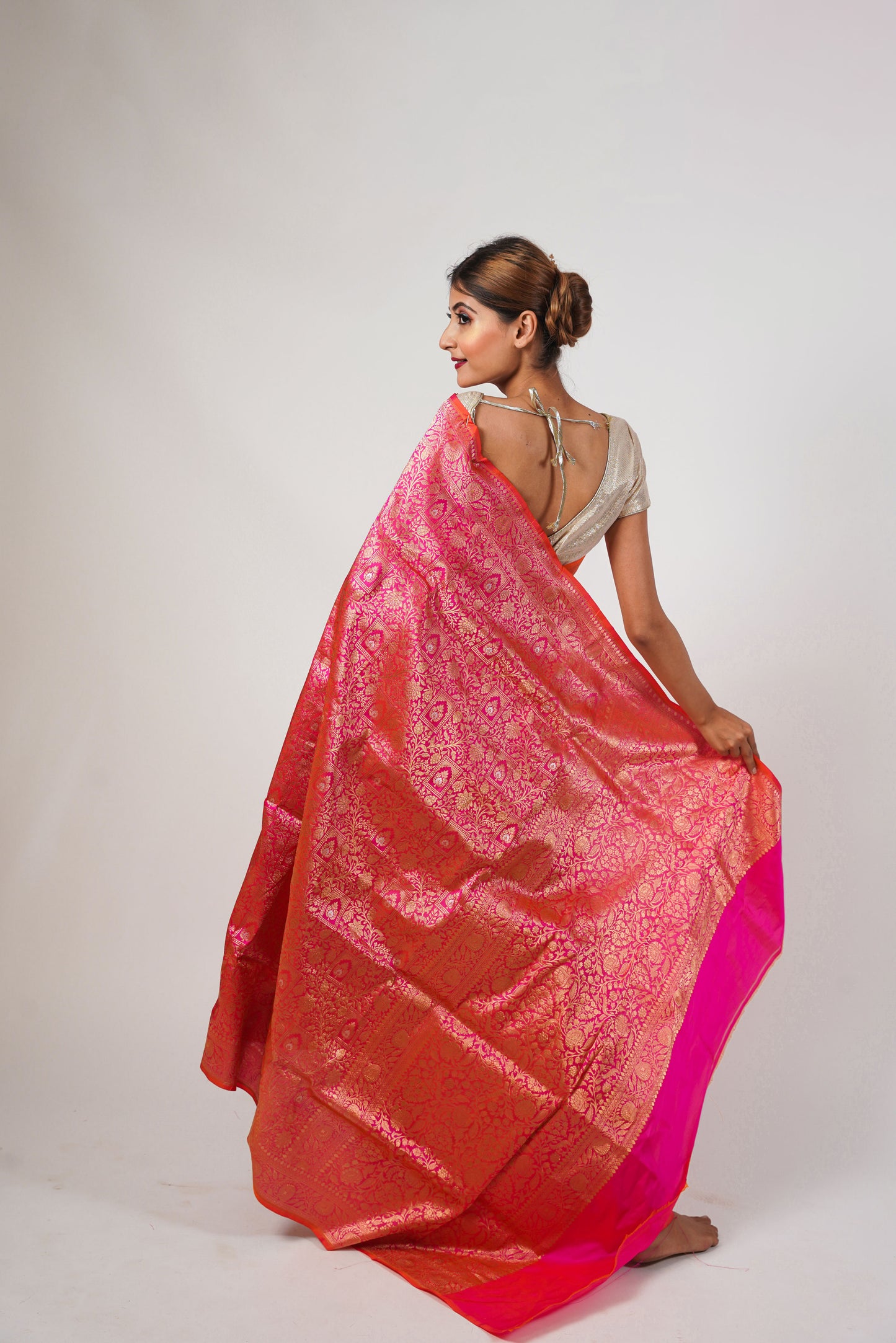 Pinkish orange Pure Katan Banarasi Silk Saree