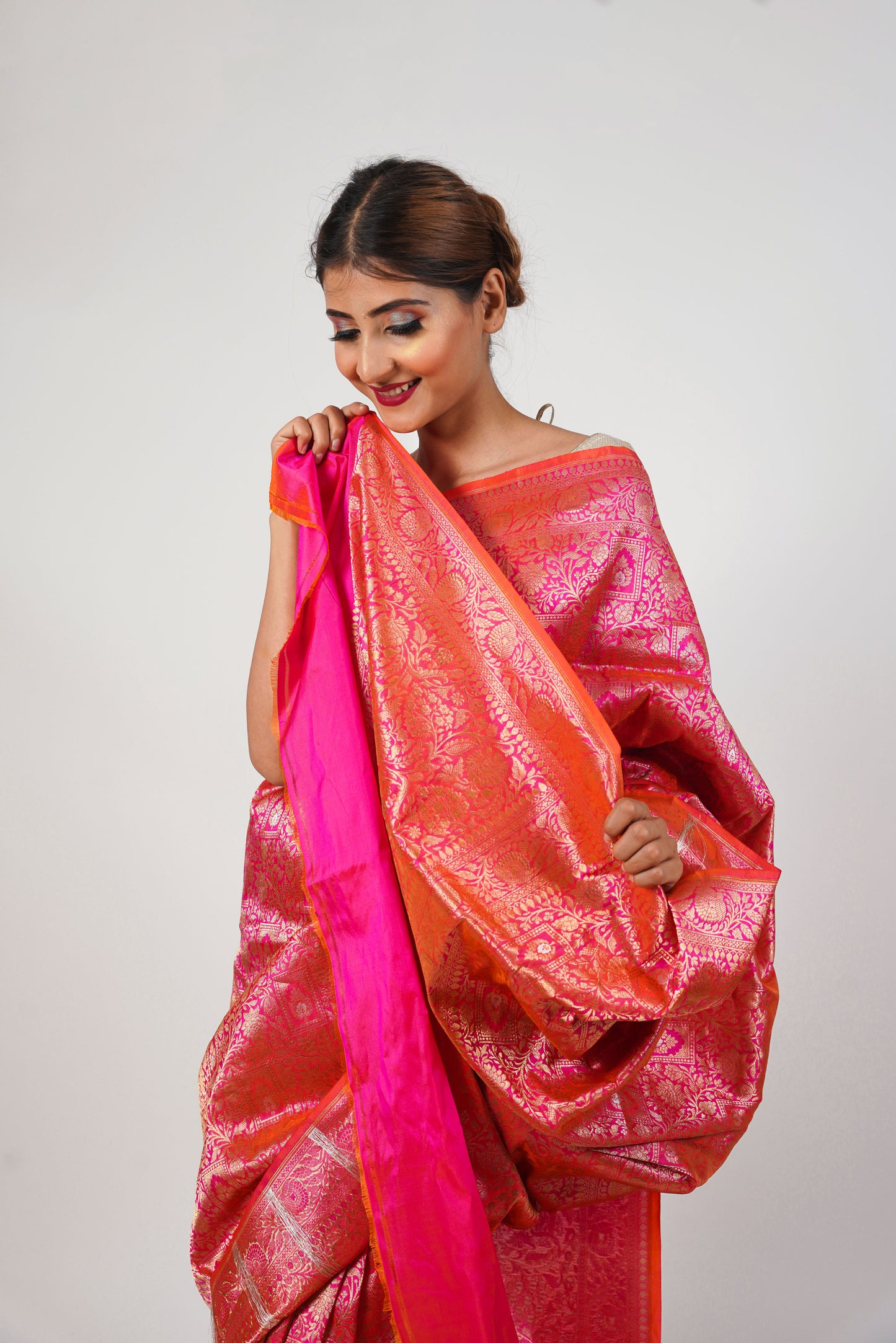 Pinkish orange Pure Katan Banarasi Silk Saree