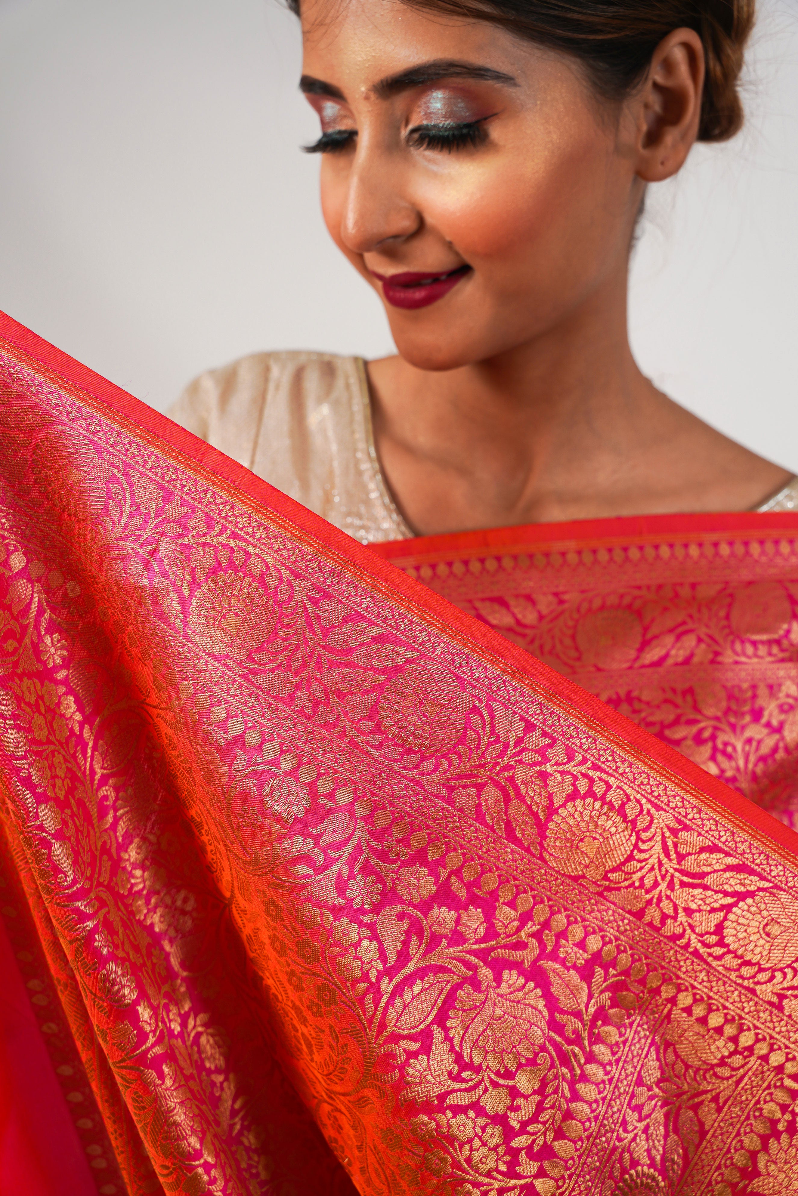 Pinkish orange Pure Katan Banarasi Silk Saree