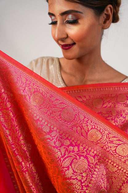 Pinkish orange Pure Katan Banarasi Silk Saree