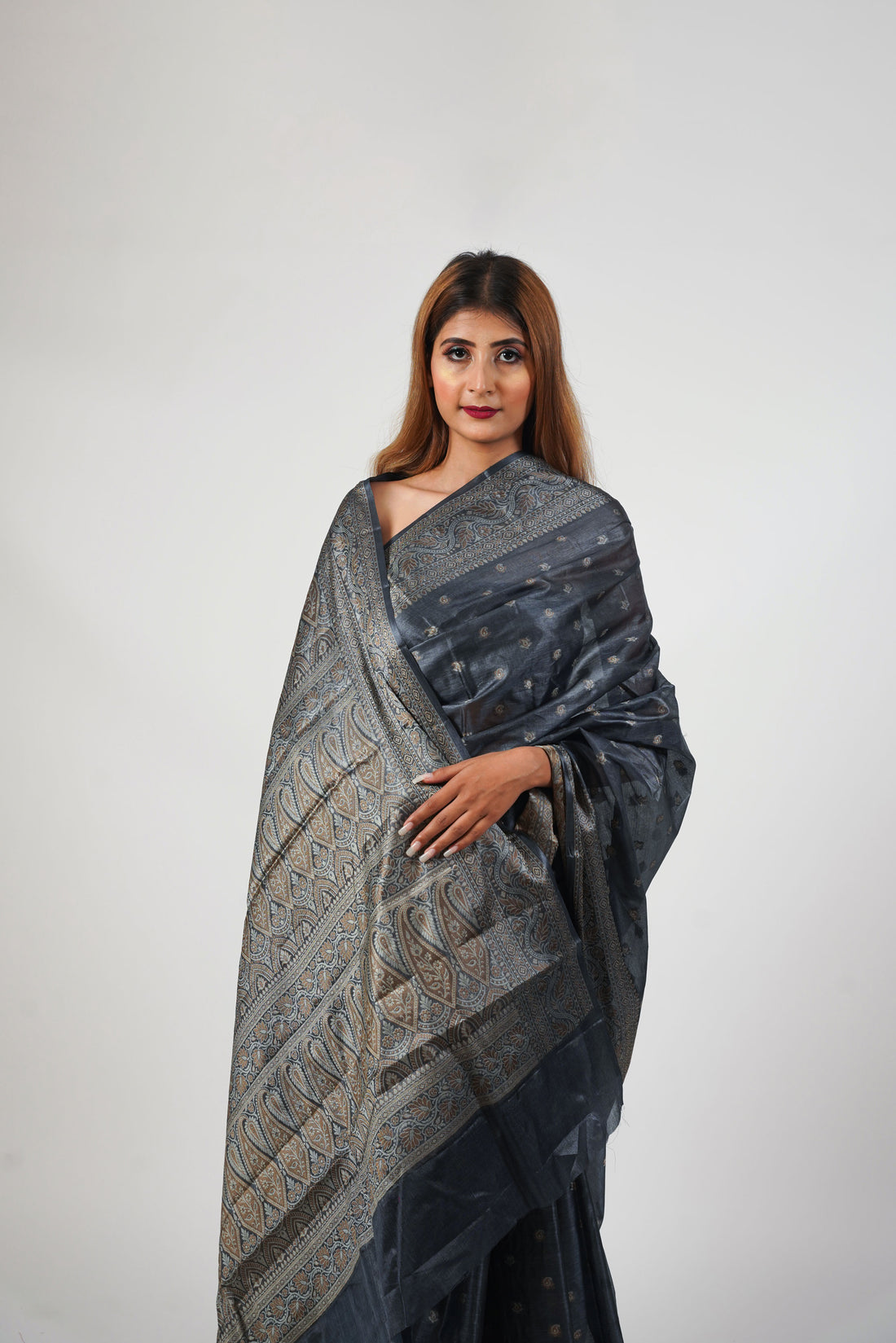 Grey Pure Tusser Silk Saree