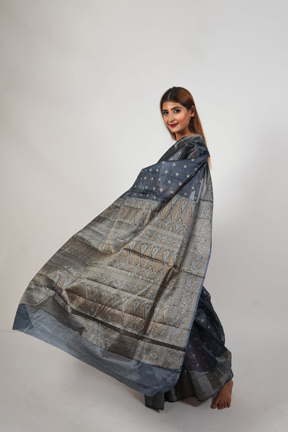 Grey Pure Tusser Silk Saree