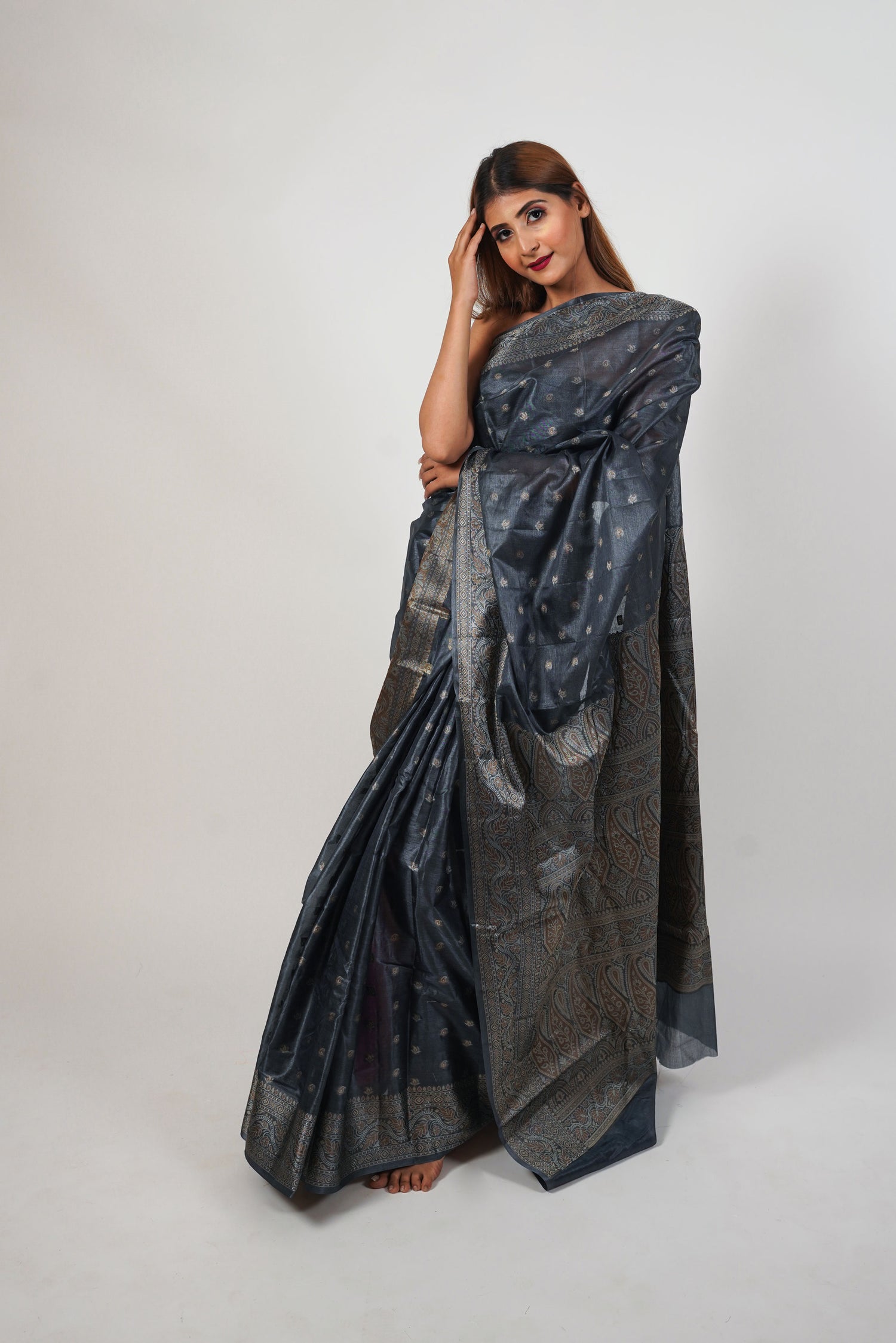 Grey Pure Tusser Silk Saree