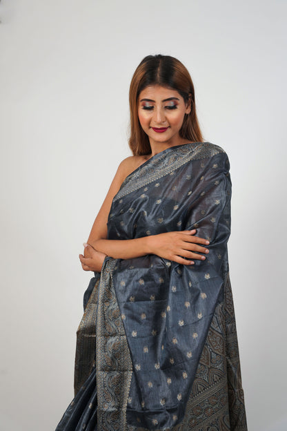 Grey Pure Tusser Silk Saree