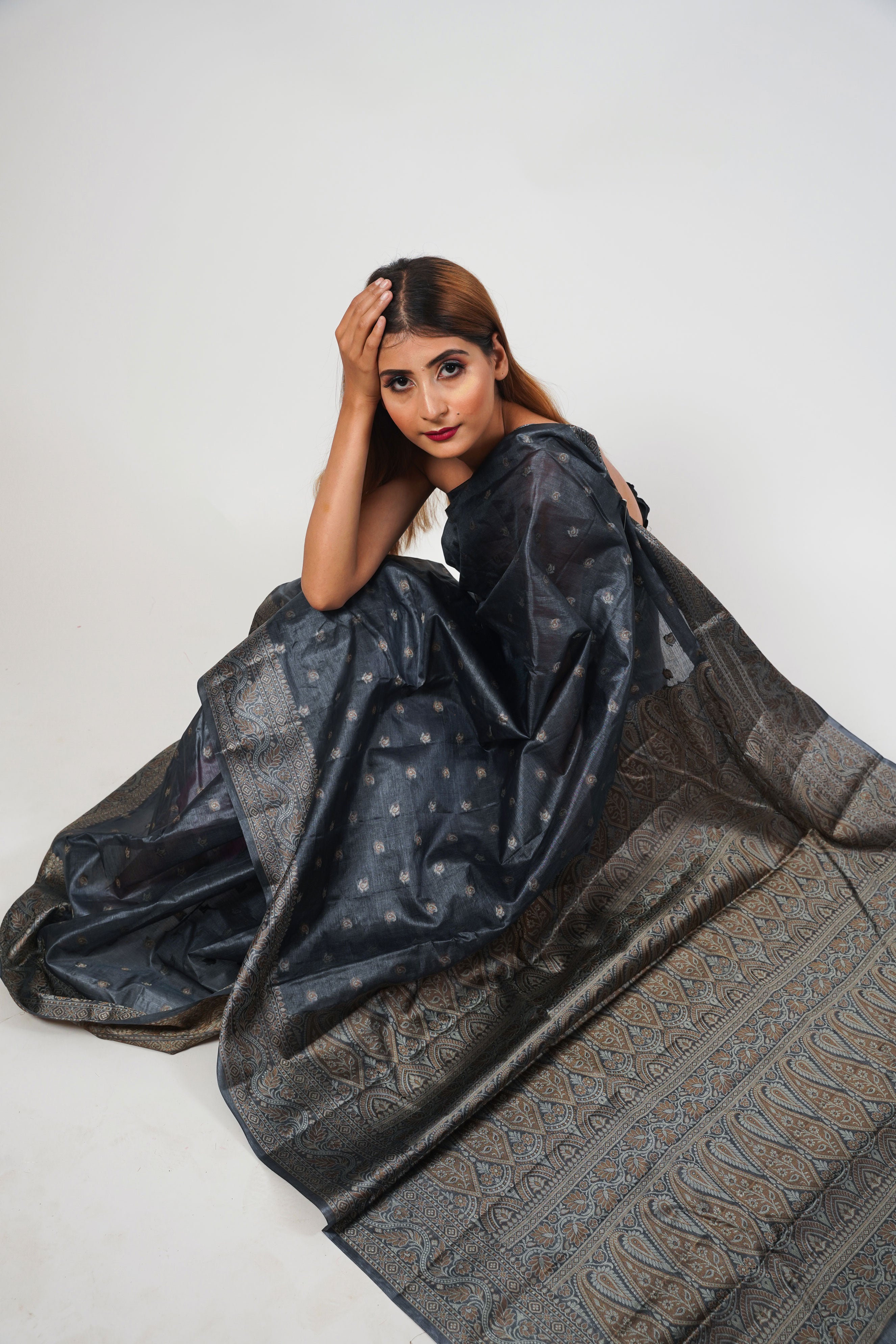 Grey Pure Tusser Silk Saree