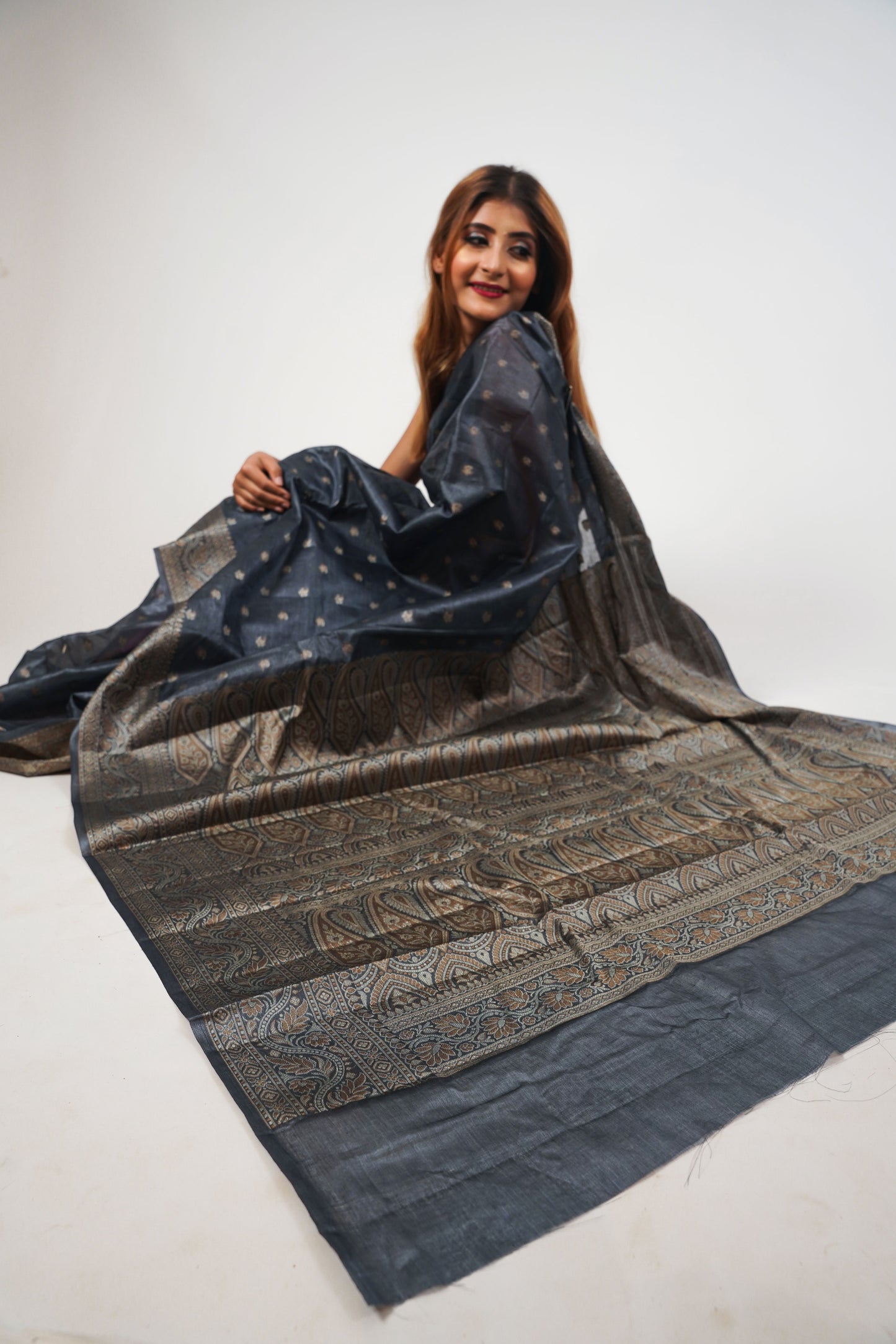 Grey Pure Tusser Silk Saree