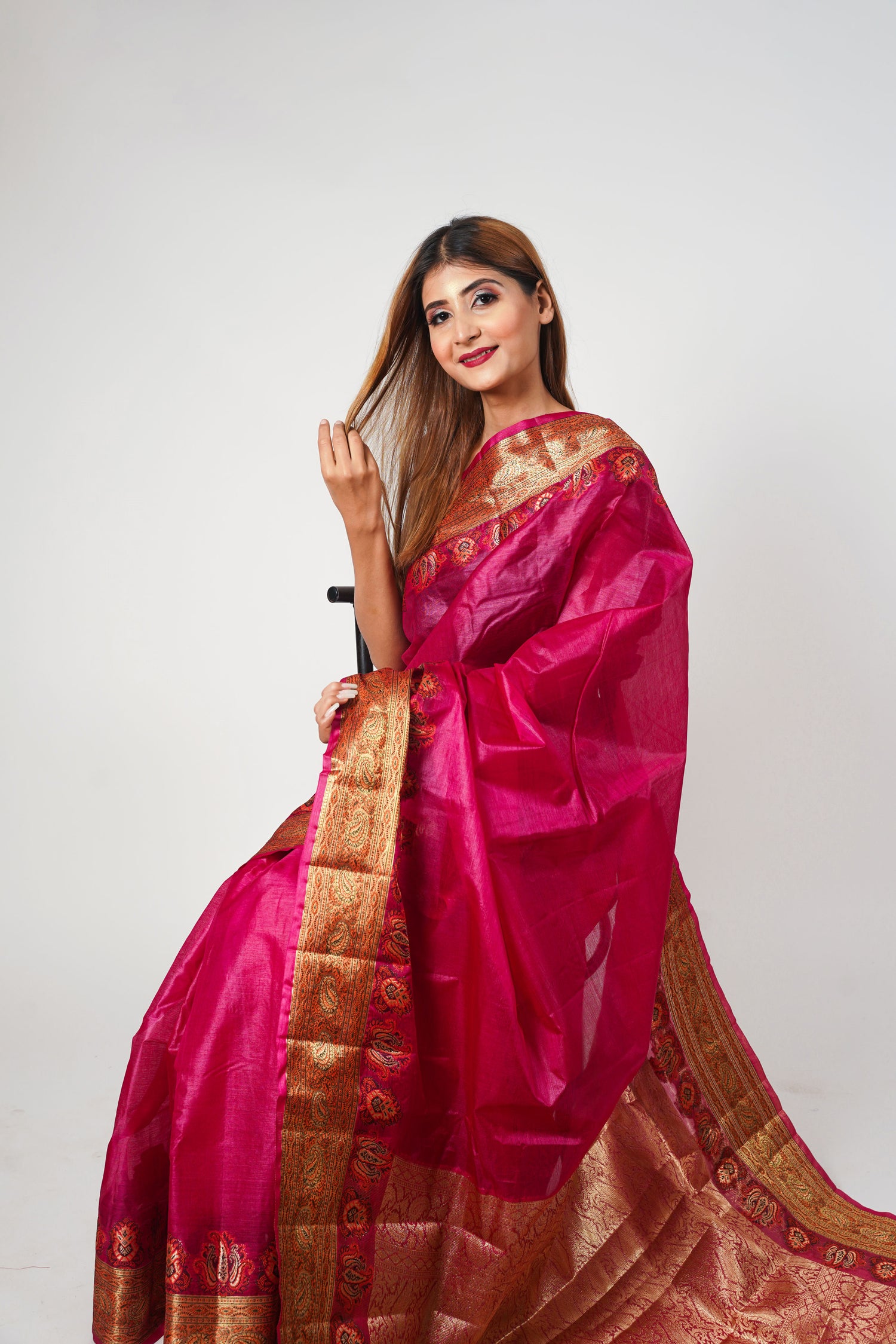 Magenta Pure Tusser Silk Banarasi Saree