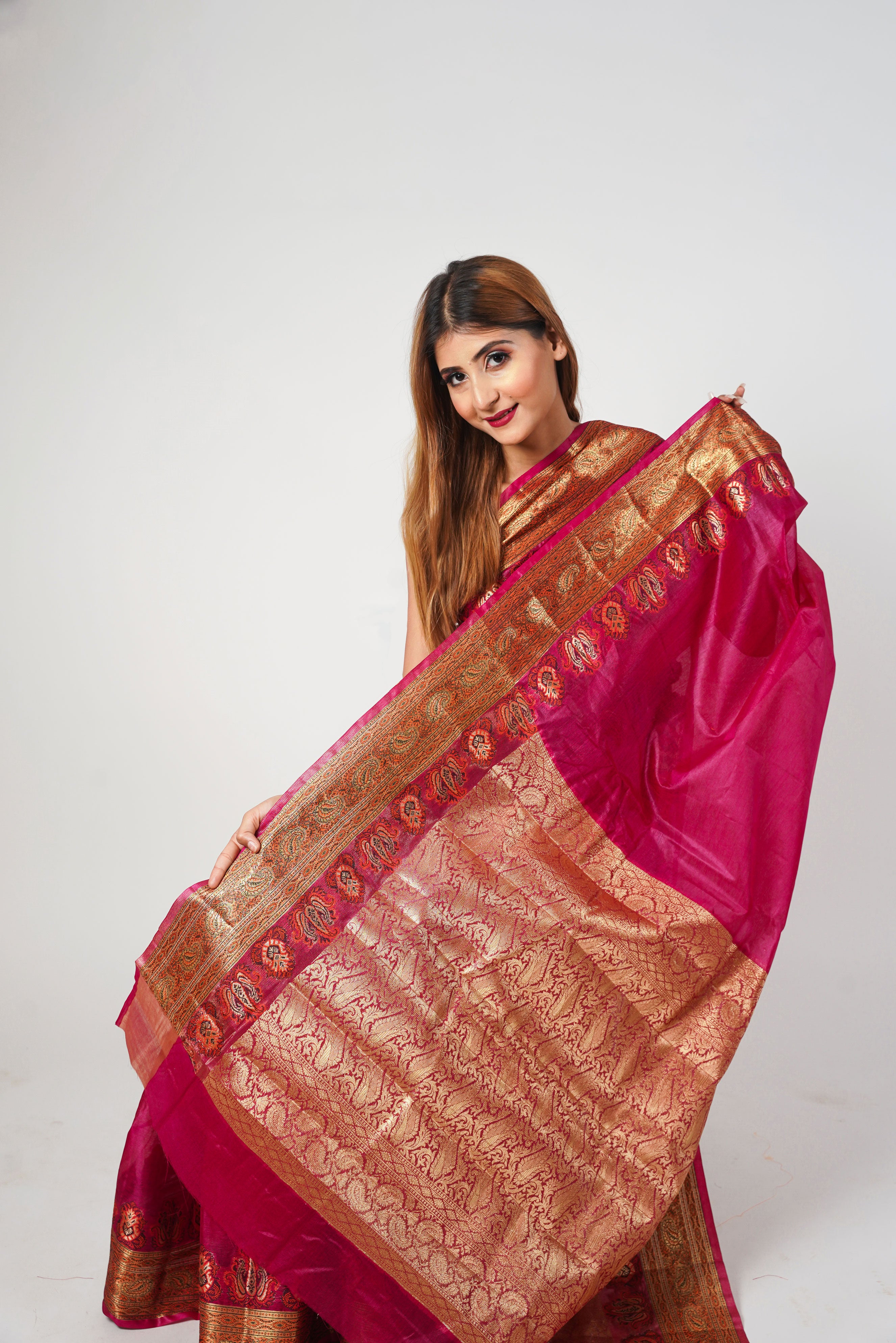 Magenta Pure Tusser Silk Banarasi Saree