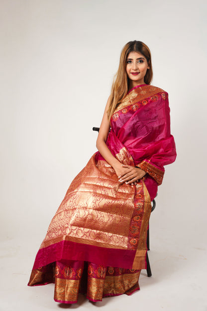 Magenta Pure Tusser Silk Banarasi Saree