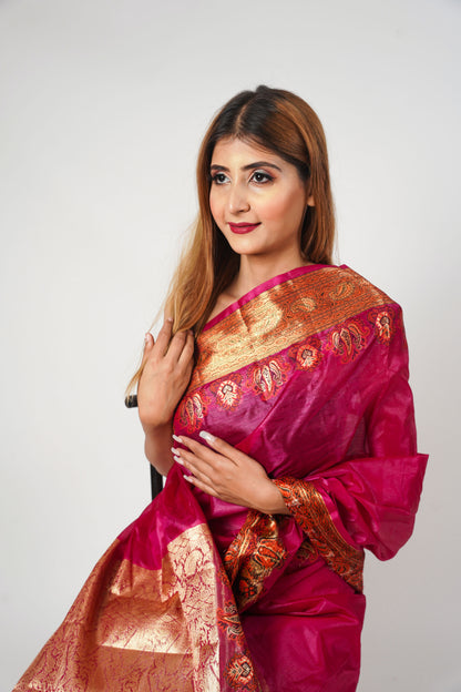 Magenta Pure Tusser Silk Banarasi Saree