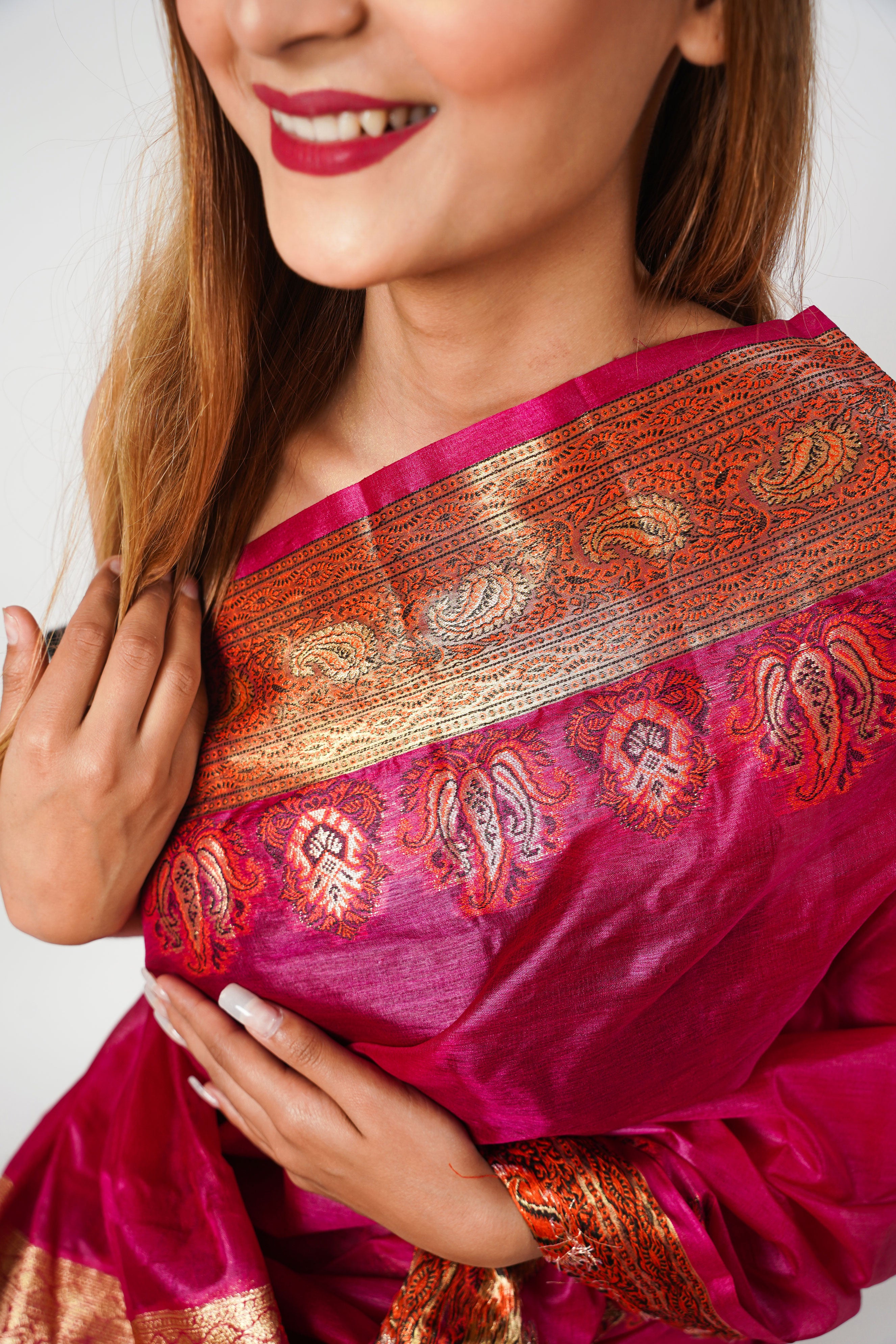 Magenta Pure Tusser Silk Banarasi Saree