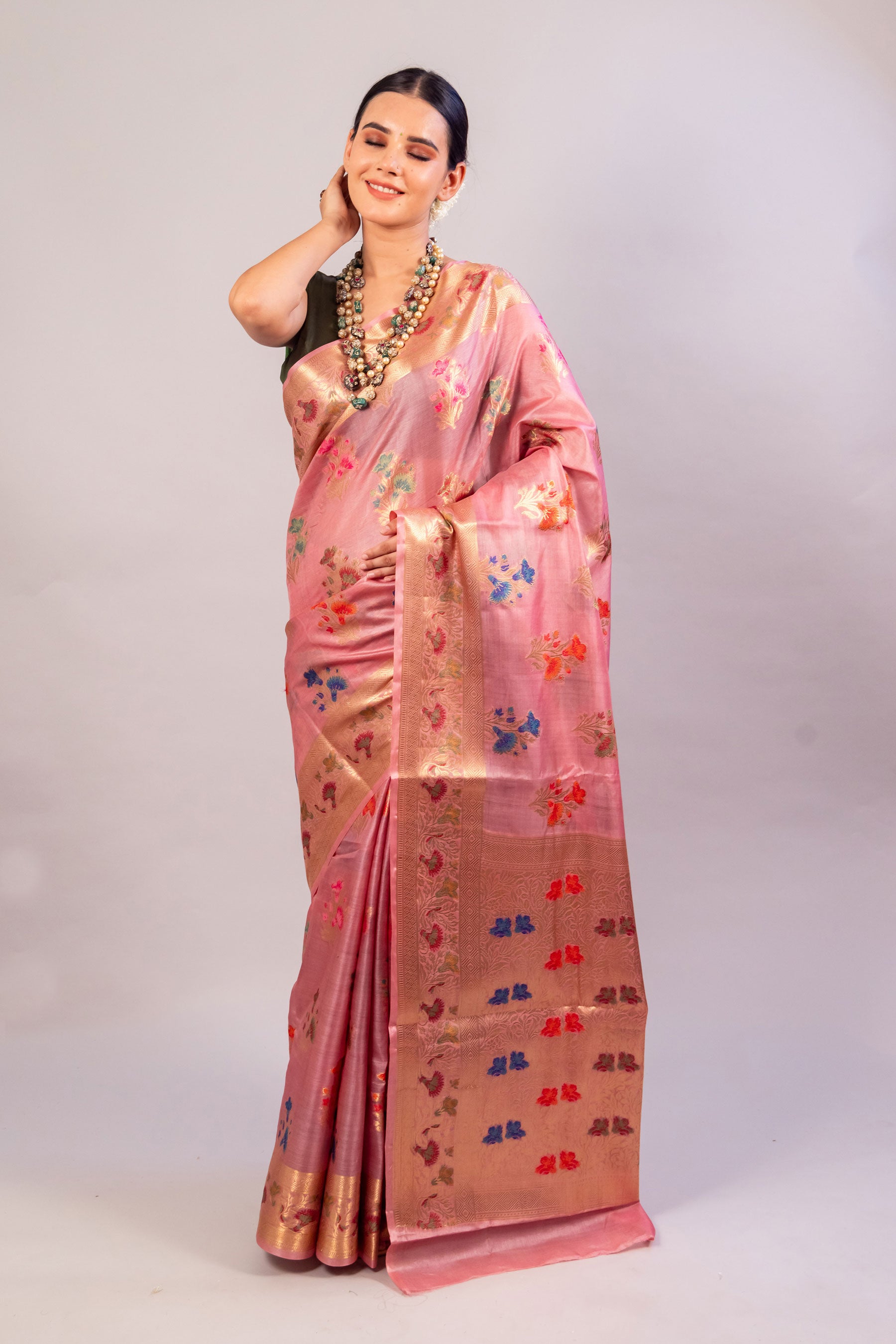 Stunning Blush: Pinkish Tusser Silk Saree - Luxurious Drape for Every Occasion