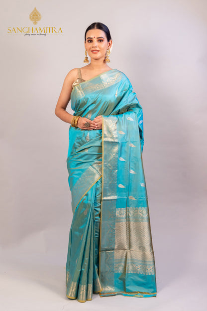 "Enchanting Sky Blue Pure Katan Silk Handloom Saree - Perfect for Weddings & Festive Celebrations"