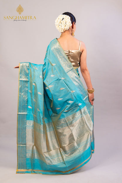 "Enchanting Sky Blue Pure Katan Silk Handloom Saree - Perfect for Weddings & Festive Celebrations"