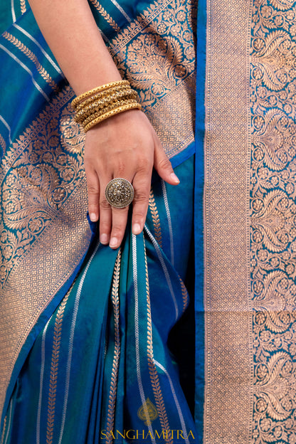 Peacock Blue Pure Katan Silk Handloom Banarasi Saree