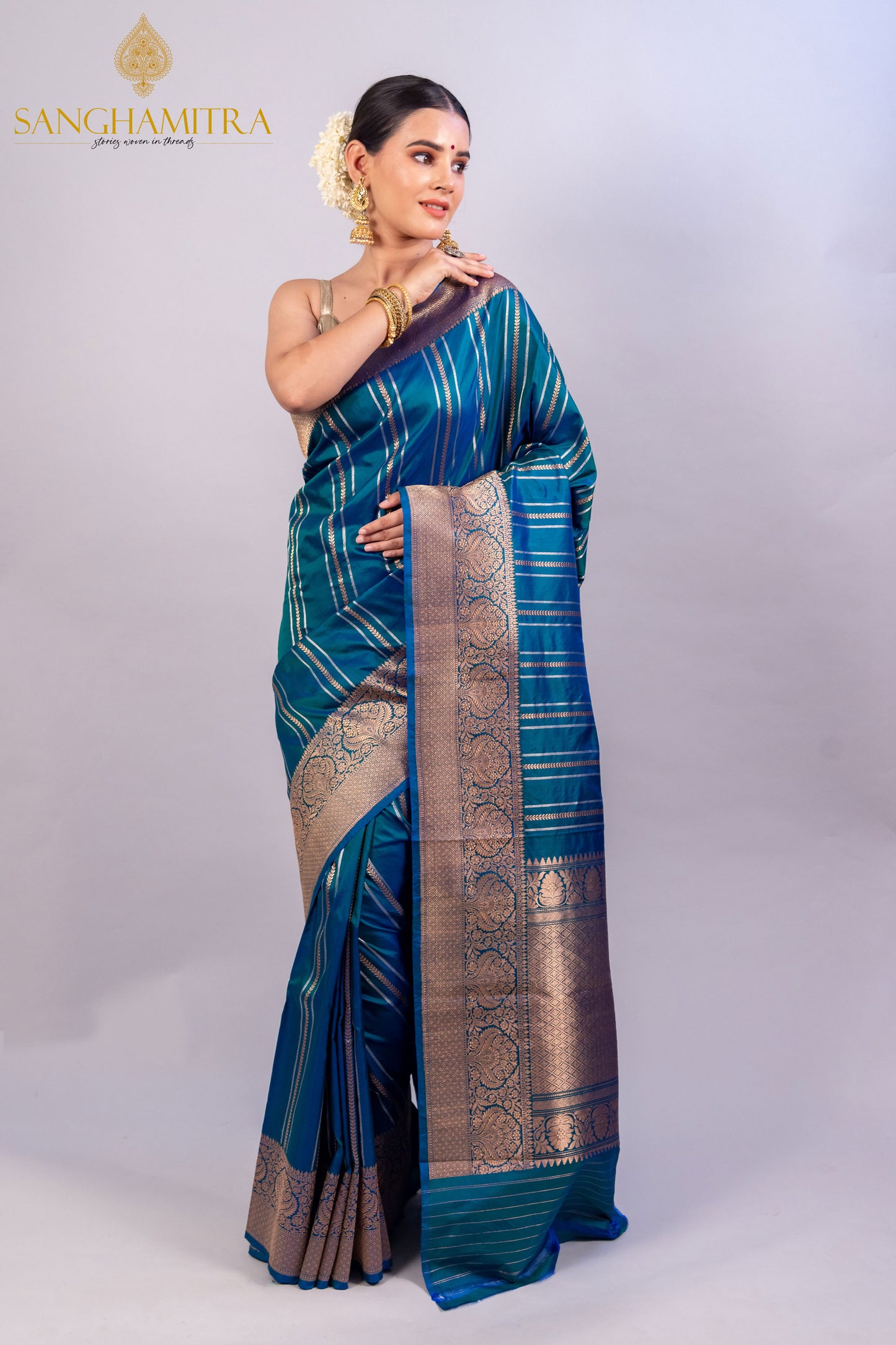 Peacock Blue Pure Katan Silk Handloom Banarasi Saree