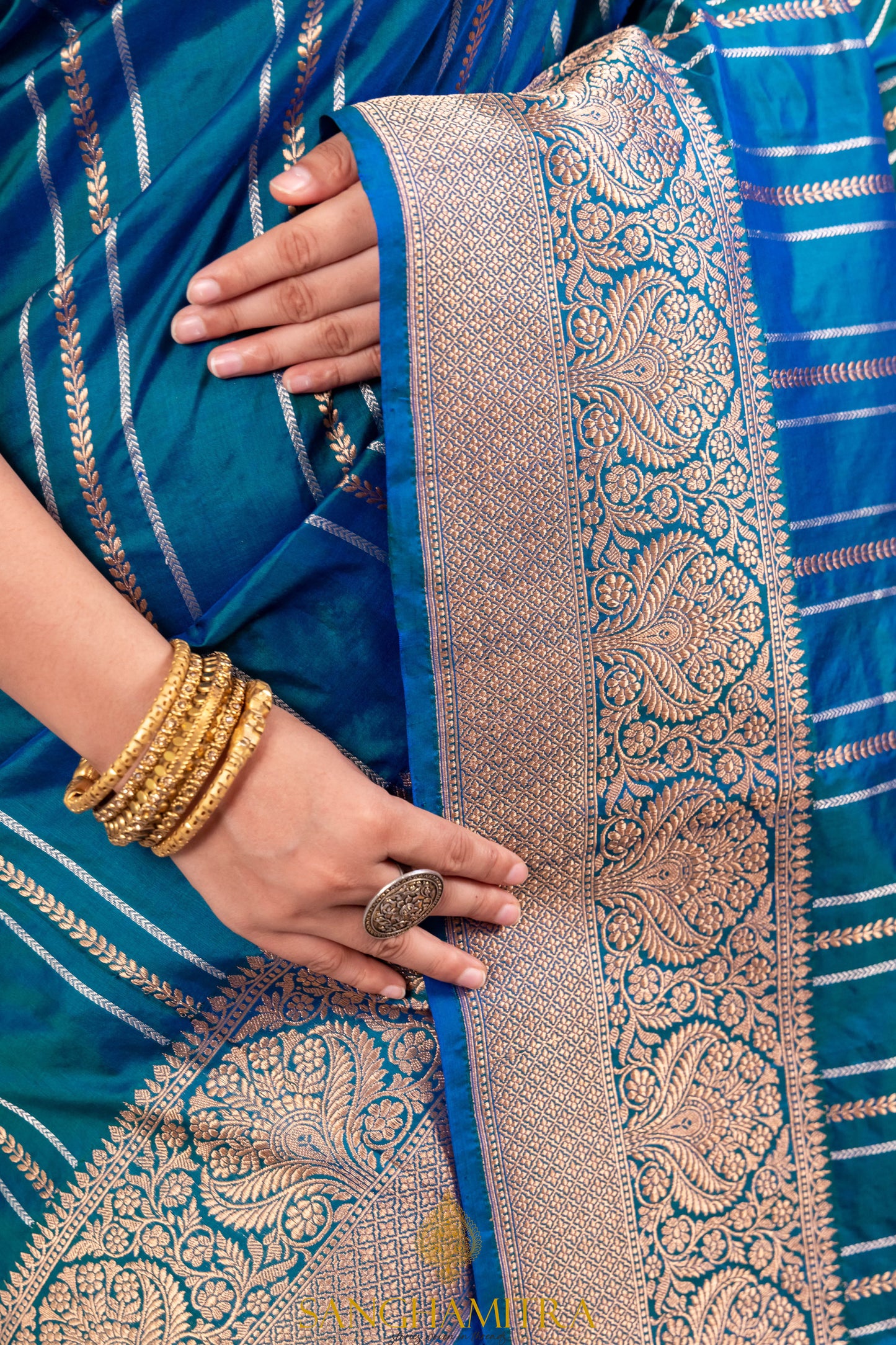 Peacock Blue Pure Katan Silk Handloom Banarasi Saree