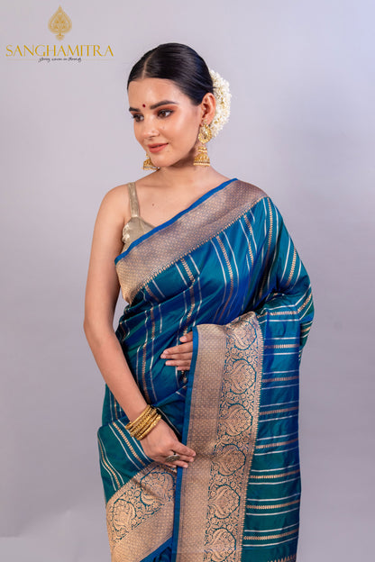 Peacock Blue Pure Katan Silk Handloom Banarasi Saree