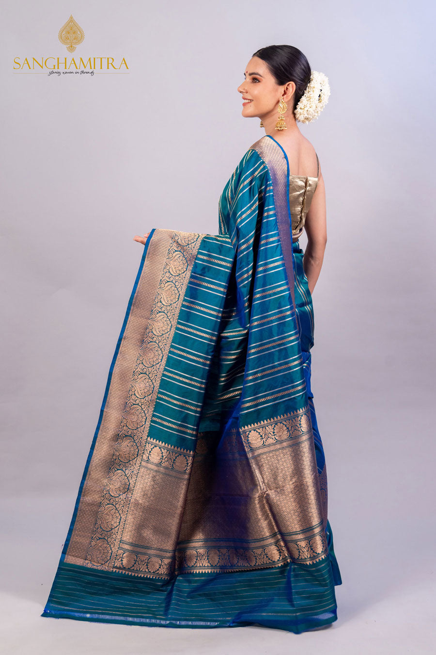 Peacock Blue Pure Katan Silk Handloom Banarasi Saree