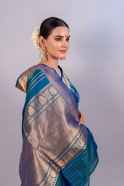 Peacock Blue Pure Katan Silk Handloom Banarasi Saree