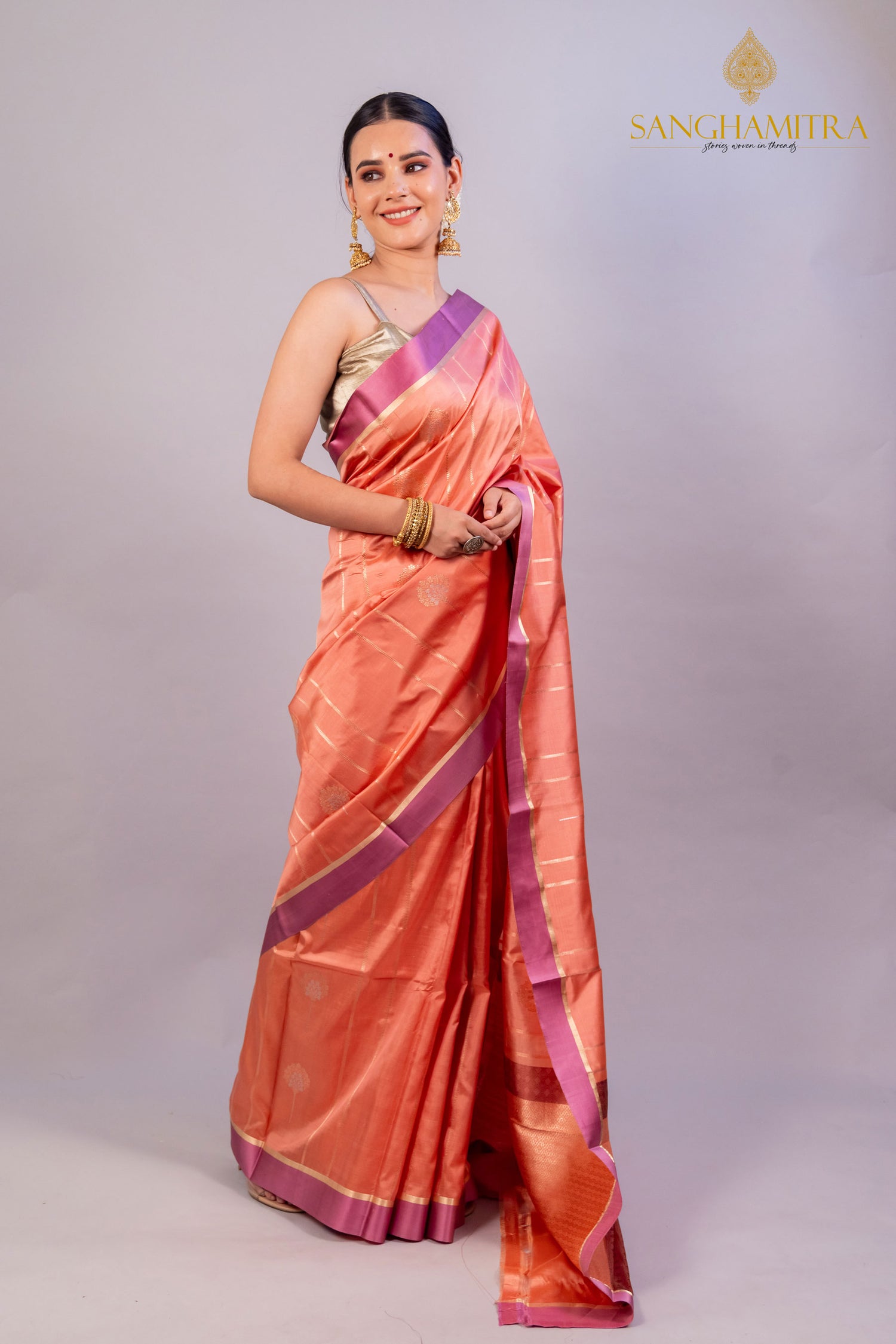 Peach Pure Katan Silk Handloom Banarasi Saree