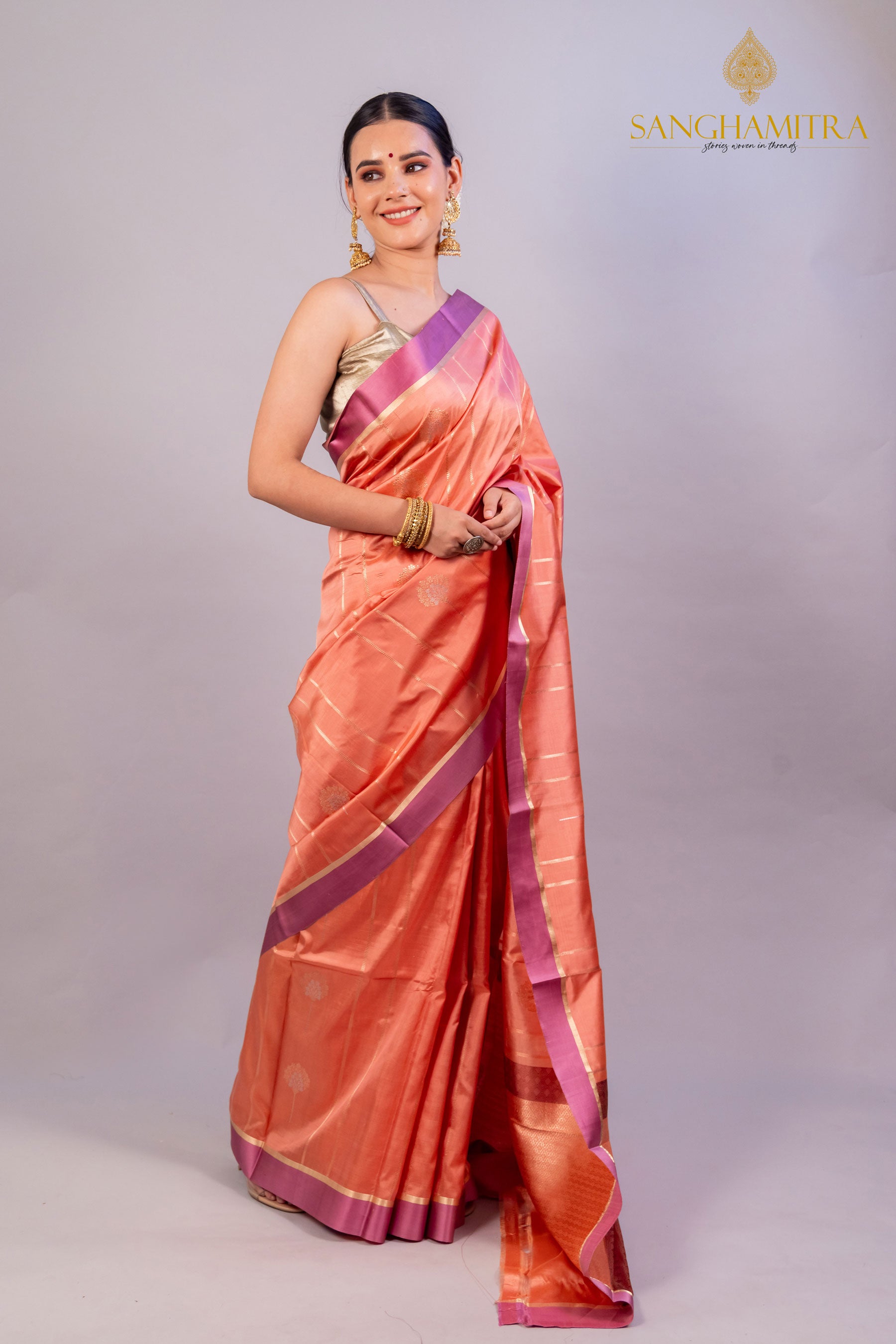 Peach Pure Katan Silk Handloom Banarasi Saree