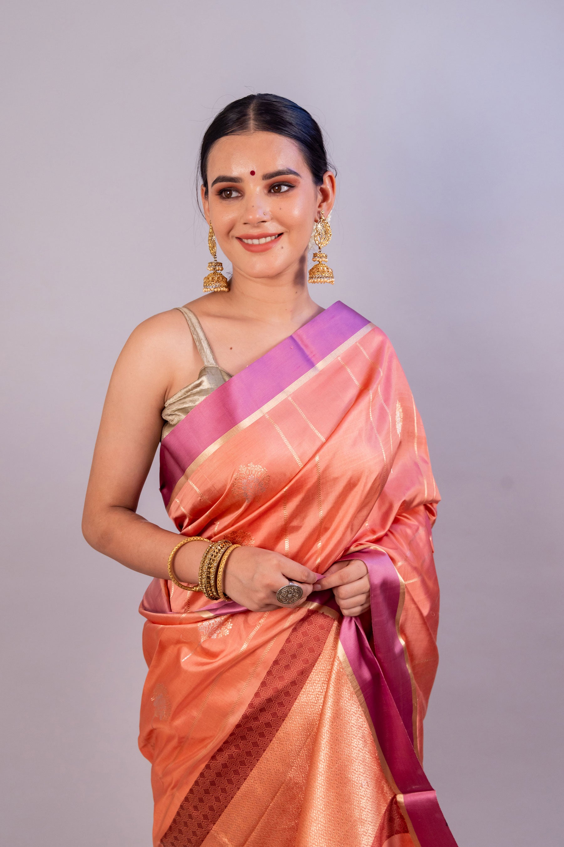 Peach Pure Katan Silk Handloom Banarasi Saree