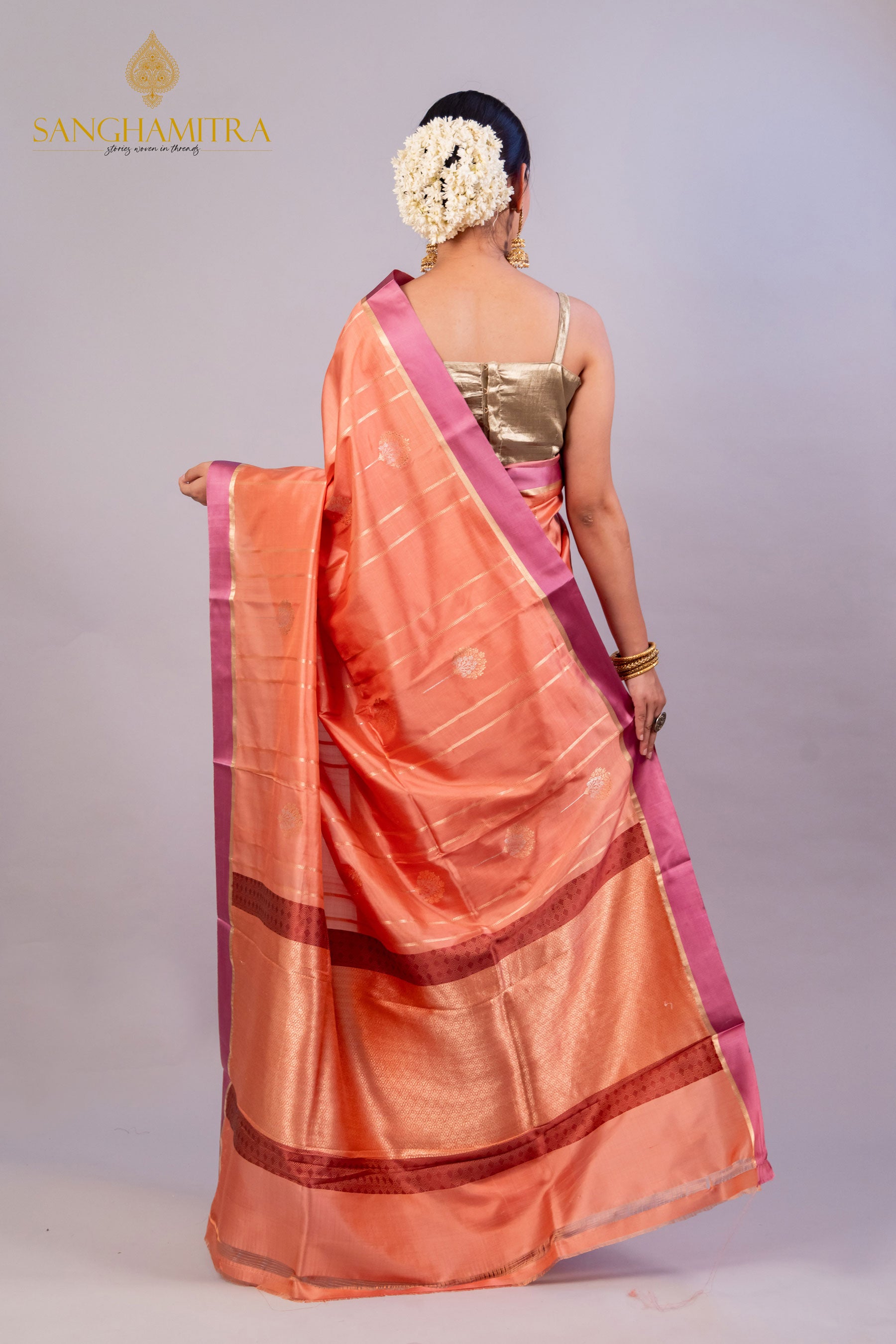 Peach Pure Katan Silk Handloom Banarasi Saree