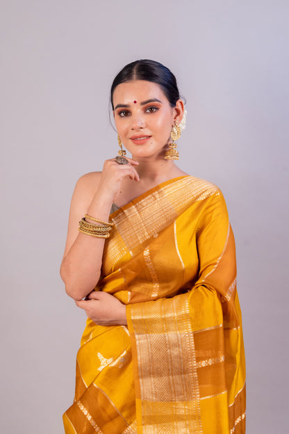 Mustard Yellow Pure Kora Silk Handloom Banarasi Saree