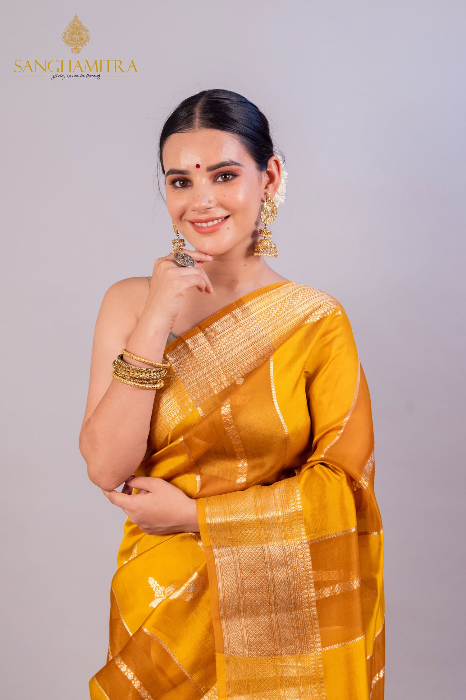 Mustard Yellow Pure Kora Silk Handloom Banarasi Saree