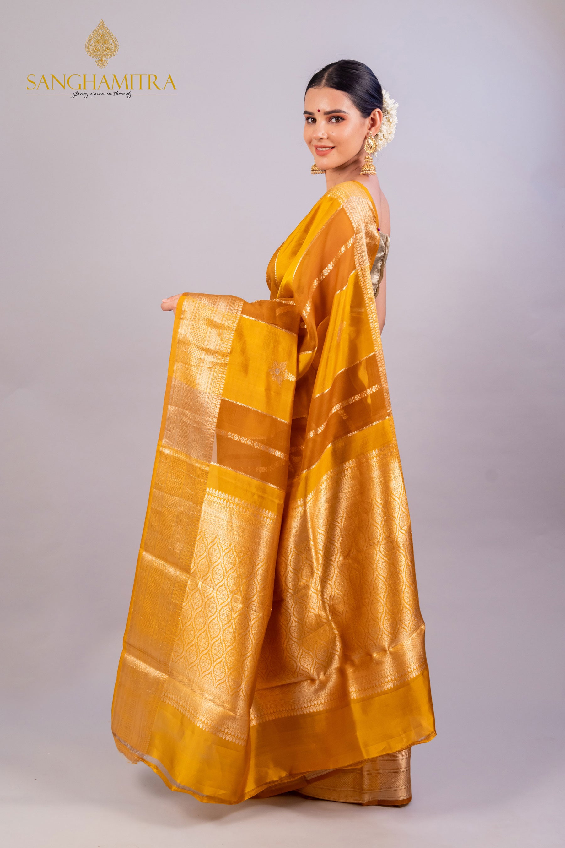 Mustard Yellow Pure Kora Silk Handloom Banarasi Saree