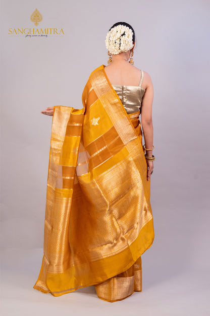 Mustard Yellow Pure Kora Silk Handloom Banarasi Saree