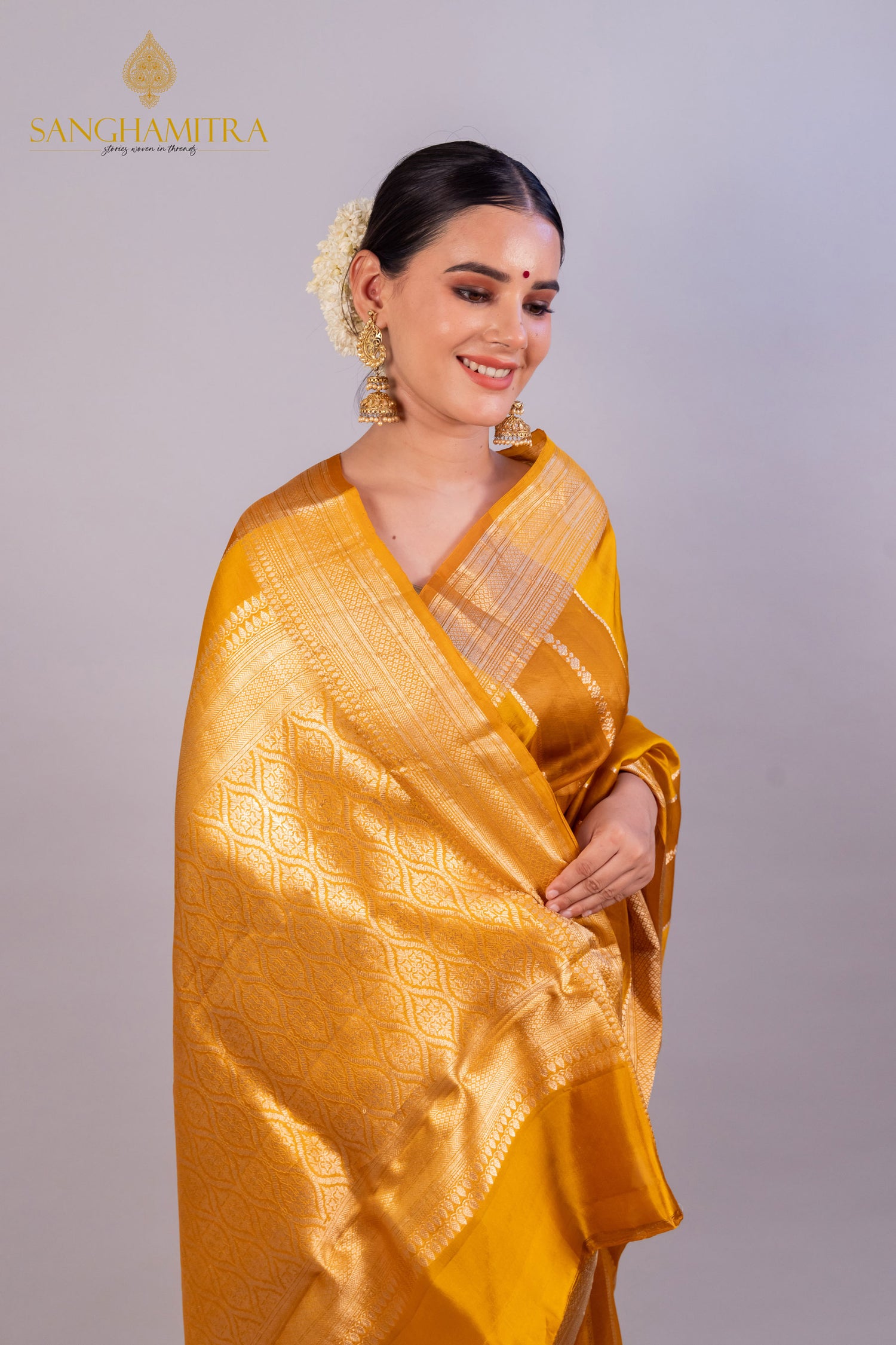 Mustard Yellow Pure Kora Silk Handloom Banarasi Saree