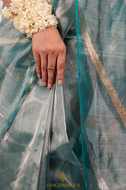 Sea Blue Pure Tissue Silk Banarasi Saree