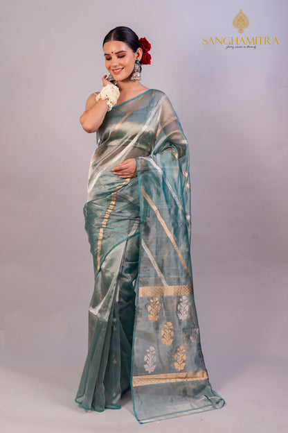 Sea Blue Pure Tissue Silk Banarasi Saree