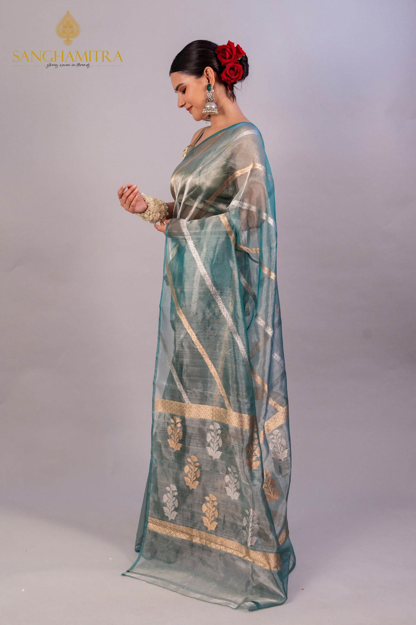 Sea Blue Pure Tissue Silk Banarasi Saree